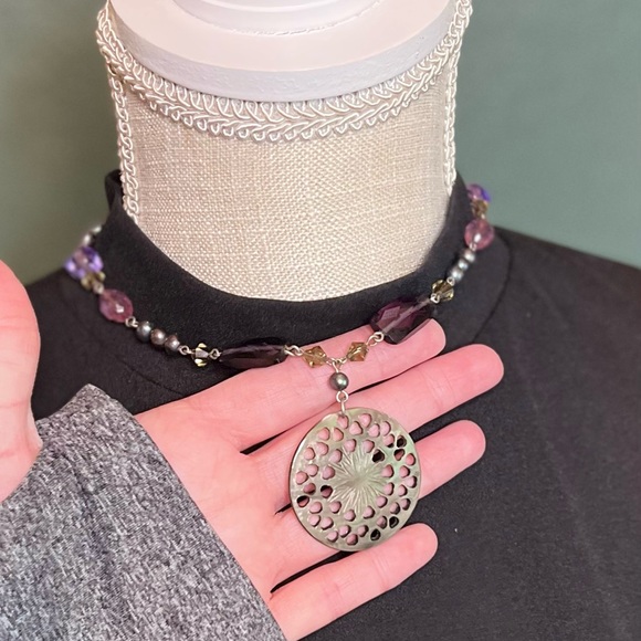 Vintage Boho Lia Sophia Abalone Shell Purple Glass Beads Pearled Necklace - Picture 6 of 6